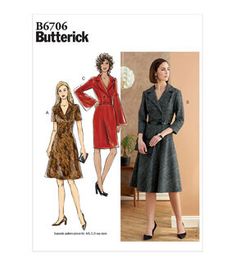 a women's coat and dress sewing pattern, with an image of a woman in the background