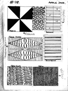 an old book with different patterns and shapes on the pages, all in black and white