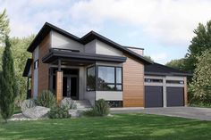 a house with two garages in the front yard