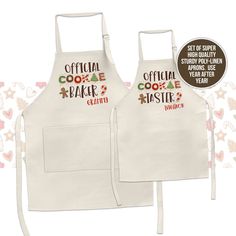 two white aprons with the words official cookie maker and an oven mitt on them