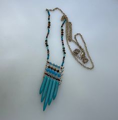 "Vintage 31\"-34\" Necklace Gold Toned With Blue White Orange Beads Used" Turquoise Beaded Dangle Necklaces, Bohemian Large Blue Beads, Turquoise Beaded Chain Necklace With Dangle, Blue Dangle Necklaces With Polished Beads, Adjustable Blue Necklace With Dangling Beads, Blue Necklace With Colorful Dangle Beads, Blue Necklace With Dangling Beads, Blue Bohemian Long Necklace With Colorful Beads, Bohemian Blue Long Necklace With Colorful Beads