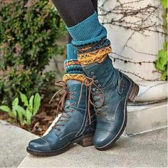 Women's Boots Combat Boots Plus Size Lace Up Boots Outdoor Daily Booties Ankle Boots Winter Buckle Block Heel Round Toe Vintage Casual Minimalism PU Zipper Lace-up Wine Black Blue 2024 - $48.99 Boots Plus Size, Boho Clothes, Buckled Flats, Blue Boots, Winter Ankle Boots, The Comfy, Shoes Socks, Lace Up Ankle Boots, Vintage Casual