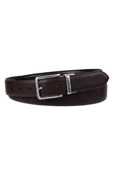 Polished hardware fastens this smooth leather belt that reverses from black to brown to double your wearing options. 1 1/4" belt width Leather/polyurethane Imported Brown Leather Belt Buckles For Work, Modern Brown Belts For Office Wear, Classic Brown Belt Buckle For Office, Classic Brown Belts For Office, Brown Belt Buckles For Workwear, Classic Brown Belt Buckles For Work, Brown Leather Belt Buckles For Business, Brown Leather Belt Buckle For Business, Brown Leather Belt Buckles For Office