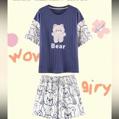 Super Cute Bear Pajama Set Comfy And Soft Cotton. Cute Blue T-shirt For Loungewear, Casual Blue Sleep Sets, Casual Blue Sets For Pajama Party, Casual Cotton T-shirt For Bedtime, Blue Short Sleeve Sleepwear, Blue Graphic Print Bedtime Sets, Cute Light Blue Cotton Sleepwear, Casual Cotton T-shirt For Pajama Party, White Cotton Sleepwear With Graphic Print