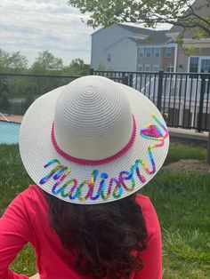 THIS LISTING IS FOR YOUR PERSONALIZED STRAW SUMMER BEACH FLOPPY HAT WRITTEN ON COLOR SEQUINS FOR BABIES, TODDLERS, GIRLS AND TEENS To see all the listings for items in my store, you can click below: https://etsy.me/2wfDgp4 🏝HOW TO ORDER🏝 ⛱Choose Hat color And Trim Type ⛱Date needed by (IF ANY) ⛱Personalization wording details. I will write the hat with the exact spelling and capitalization you have provided, so please triple check your selections and text before placing an order. You are more Fun Beach Hats With Uv Protection, Multicolor Vacation Hats With Curved Brim, Playful Curved Brim Bucket Hat For Vacation, Playful Curved Brim Hat For Summer, Playful Summer Party Hat, Multicolor Curved Brim Hat For Vacation, Playful Curved Brim Summer Hat, Vacation Bucket Hat One Size Fits Most, Adjustable White Hats For Pool