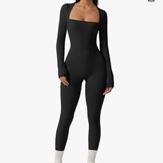 Qinsen Womens Sexy Square Neck Long Sleeve Full Length Leggings Bodycon Stretch Jumpsuit Black Bodycon Bodysuit For Loungewear, Black Long Sleeve Bodysuit For Workout, Black Long Sleeve Workout Bodysuit, Long Sleeve Black Workout Bodysuit, Black High Stretch Long Sleeve Jumpsuits And Rompers, Black Long Sleeve Unitard For Workout, Fitted Black Unitard For Night Out, Black Stretch Unitard For Loungewear, Fitted Long Sleeve Bodysuit For Workout