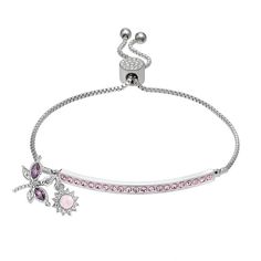 You're sure to love the nature-inspired style of this Brilliance crystal dragonfly and flower adjustable bracelet.Click on this JEWELRY & WATCHES GUIDE to learn about fit, styles, materials and more! Length: 10 in. Charm size: 11 mm x 13.5 mm (dragonfly) / 6.5 mm x 6.5 mm (flower) Nickel free Metal: brass Plating: silver tone Finish: polished Pink & purple crystal accents Packaging: boxed Size: 7/8". Gender: female. Age Group: adult. Elegant Adjustable Crystal Bracelet For Spring, Elegant Adjustable Dragonfly Jewelry, Adjustable Crystal Bracelet For Spring Gifting, Adjustable Crystal Bracelet As Spring Gift, Adjustable Crystal Bracelet For Spring Gift, Spring Crystal Bracelet Gift, Adjustable, Purple Crystal, Purple Crystals, Adjustable Bracelet