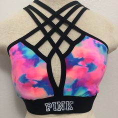 Tie Die Pink Sport Bra Multicolor Stretch Sports Bra For Spring, Spring Multicolor Stretch Sports Bra, Fitted Pink Sports Bra With Built-in Bra, Pink Sports Bra For Spring Workout, Pink Fitted Strappy Top, Fitted Strappy Pink Top, Fitted Pink Strappy Top, Trendy Pink Sports Bra With Built-in Bra, Pink Fitted Workout Bra