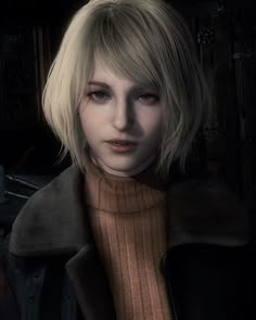 a woman with blonde hair wearing a brown turtle neck sweater and black leather jacket in a dark room