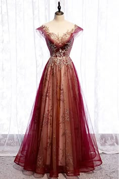 Shop burgundy formal prom dress with bling gold sequins cap sleeves online. Sheprom offers formal, party, casual & more style dresses to fit your special occasions. Beautiful Gradient, A Line Prom Dress, Sequin Prom Dress, Red Evening Dress, فستان سهرة, A Line Prom Dresses, Dresses 2020, Formal Gown, Tulle Prom Dress