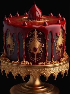 a cake with red icing and gold decorations on it's side, sitting on a stand