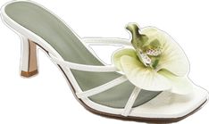 Elegant Floral Embellished Sandals For Weddings, Elegant Spring Wedding Shoes, Elegant Spring Heels, Elegant Flower Shaped Sandals For Party, White Low Heel Feminine Shoes, Feminine Cream Wedding Shoes For Spring, White Feminine Heels For Spring, Elegant Formal Flower Sandals, Elegant White Wedding Shoes For Spring