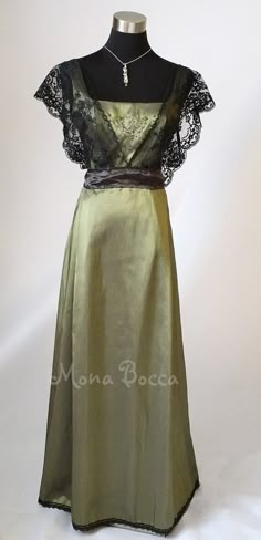 Edwardian Dress plus size handmade in England olive by MonaBocca Edwardian Formal Dress, Victorian Era Evening Gown, 1910s Evening Dress, Historical Womens Fashion, Sage Green Vintage Dress, Titanic Era Fashion, Elegant Green Dress With Historical Design, Elegant Olive Dress For Formal Occasions, Elegant Olive Formal Dress