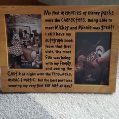 a wooden frame with an image of mickey mouse and minnie's friends on it