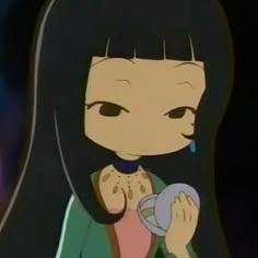 an anime character with long black hair holding a steering wheel in her right hand and looking at the camera