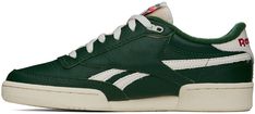 Low-top grained leather sneakers in green. · Perforated detailing at toe · Lace-up closure · Logo patch at padded tongue · Padded collar · Inset logo patch at outer side · Signature stripes at sides · Logo embroidered at heel tab · Terrycloth lining · Treaded rubber sole Supplier color: Dark green/Chalk/Neon cherry Green Leather Sneakers For Sports, Green Leather Sneakers With Gum Sole, Retro Green Skate Shoes For Sports, Classic Green Lace-up Skate Shoes, Leather Sports Sneakers With Logo Patch, Leather Sneakers With Logo Patch For Sports, Green Leather Skate Shoes With Perforated Toe Box, Leather Lace-up Skate Shoes With Embroidered Logo, Green Leather Urban Sneakers