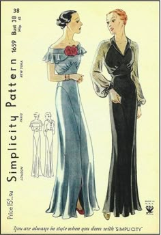 1939 Vintage Sewing Pattern B38 EVENING DRESS (R959) #Simplicity1659 1940 Ball Gowns Evening Dresses, Halston Vintage Evening Dress, 1900s Dress Patterns, 1938 Dress Pattern, Gone With The Wind Dress Pattern, 1900 Dress Pattern, 1930s Dress Pattern, Vintage Fashion 1930s, 30s Fashion