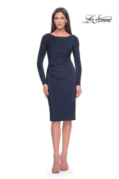 La Femme 31015 - Long Sleeve Ruched Dress Sheath Skirt, Feminine Silhouette, Dress 16, Ruched Dress, Scoop Neckline, Jersey Fabric, Knee Length, Platinum, Long Sleeves