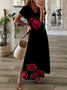 Casual Printed Maxi Dress For Parties, Casual Fitted Maxi Dress With Rose Print, Black V-neck Dress For Holiday, Black V-neck Holiday Dress, Long Sleeve Summer Dresses With Rose Print, Casual V-neck Holiday Dress, V-neck Printed Holiday Dress, Casual V-neck Maxi Dress For Holiday, Black V-neck Dress With Rose Print