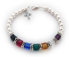 "The 6mm Square Faith or Salvation Bracelet™ is made with 6mm round sterling silver beads with a sterling silver lobster clasp (you can choose a lobster clasp) and a sterling silver cross charm. Let us know if you want to include the purple crystal or not. The Swarovski's are 6mm square. The salvation bracelet, which is also known as the gospel bracelet, witness bracelet, wordless bracelet, bible or gospel bracelet is a bracelet used as a tool of Christians. The bracelet consists of a series of Sterling Silver Bracelets With 8mm Beads For Gift, Sterling Silver 8mm Beads Bracelet As Gift, Spiritual Sterling Silver Beaded Bracelets With Birthstone, Classic Sterling Silver Bracelet With 8mm Beads Gift, Gospel Bracelet, Salvation Bracelet, Bracelet With Cross, Faith Bracelet, S Craft