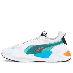 PUMA Rs-X Split Athleisure Casual Sports Shoe Unisex White Blue Green 'White Blue' 383409-02 (SNKR/Retro/Non-Slip/Shock-absorbing) Blue Breathable Gym Sneakers, White Athleisure Sneakers, Functional Blue Running Shoes For Sports, Blue Moisture-wicking Sneakers For Running, Sporty Breathable Summit White Sneakers, White Athletic Sneakers For Gym, Blue Moisture-wicking Casual Running Shoes, Blue Moisture-wicking Running Sneakers, Blue Moisture-wicking Running Shoes