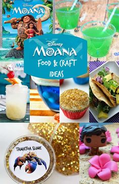 moan food and craft ideas are featured in this collage with the title, disney moan food and crafts