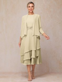 2 Pieces Tea Length Long Sleeves Chiffon Mother Of The Bride Dress Wedding Guest Men, Bride Made, Mother Of The Groom Dress, Tea Length Dress, Tea Length Dresses, Chiffon Long Sleeve, Dress With Long Sleeves, Junior Bridesmaid Dresses, Sleeves Dress