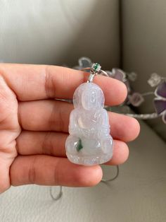 "🌈 Guan Yin Jadeite Pendant for necklace, Icy Light Green & Green 🌷 Untreated Natural Jadeite/ Grade A Jade/ Certified 🌷 Jade from Myanmar/ Burma 🌷 100% handmade carving 🌷 Dimensions : 41.5 x 24.2 x 6 mm 🌷 Color : Light Green & Green 🌷 Free standard shipping from Hong Kong with tracking provided 🌷 Take approximately 7-21 days to arrive worldwide ❤️ In Chinese Culture: Young people wear jade pendant will have a prosperous life, attracts good luck and friendship Old people wear jad White Jade Spiritual Jewelry, Spiritual White Jade Jewelry, White Jade Jewelry For Meditation, White Amulet Jewelry For Meditation, White Jade Jewelry For Healing, White Round Pendant Jewelry For Meditation, White Round Pendant Necklace For Good Luck, White Jade Necklace With Natural Stones, White Amulet Style Jewelry With Gemstone