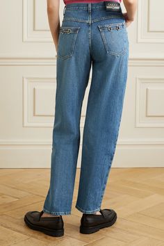 GUCCI Horsebit-detailed high-rise straight-leg jeans | NET-A-PORTER Jeans Gucci, Gucci Jeans, Gucci Outfits, Gucci Horsebit, Jeans Women, Leather Patches, Net A Porter, Women Collection, Straight Leg Jeans