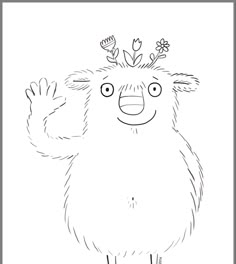 a drawing of a furry animal with flowers on it's head and hands in the air