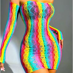 Rainbow Striped Hollow Out Bandeau Bodycon Dress & Arm Sleeves One-Size Product Measurement Sleeve Length:16.7 Inch, Bust:34.6 Inch, Waist Size:26.8 Multicolor Stretch Bodycon Beach Dress, Multicolor Strapless Stretch Bodycon Dress, Multicolor Strapless Stretch Mini Dress, Pink Stretch Bandeau Dress, Multicolor Long Sleeve Club Dress, Multicolor Strapless Bodycon Dress For Spring, Multicolor Mini Strapless Dress For Party, Multicolor Stretch Dress For Club, Multicolor Strapless Mini Dress For Club