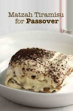 a close up of a plate of food on a table with the words matzah tramisu for passover