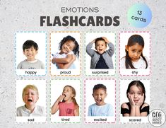 the emotions flashcards have different pictures on them