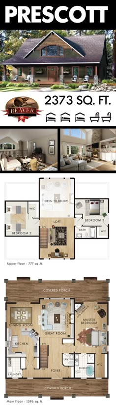 the prescot floor plan is shown in three different views