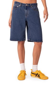 EDIKTED Oversize Low Rise Denim Bermuda Shorts | Nordstrom Medium Wash Mid-rise Jean Shorts For Streetwear, Bermuda Short Outfits, Mid-rise Medium Wash Jean Shorts For Streetwear, Knee-length Bermuda Shorts With Side Pockets For Streetwear, Denim Bermuda Shorts Outfit, Streetwear Bermuda Shorts With Built-in Shorts, Shorts Nordstrom, Denim Blue Mid-rise Bermuda Shorts, Bermuda Shorts Outfit