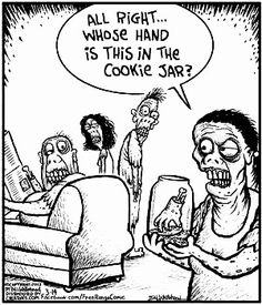 a cartoon with an image of two people talking to each other and the caption says alright, whos hand is in the cookie jar?