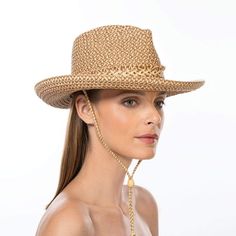 Tucson is a designer woman's sunhat for sale made of Squishee®. The modified Western shape has a fringe edged band and a self bolo braid chin strap with a wood bead to adjust and secure it. The signature logo rivet is discretely placed at the back of the crown. The wired brim permits shaping; push up the sides for more Western flare, or flatten them out for additional shade. Squishee® is a man-made material incorporating recycled fibers. It looks and feels just like natural raffia but has the ad Elegant Adjustable Braided Hat, Elegant Adjustable Straw Hat With Upf 50+, Elegant Adjustable Woven Hat Bands, Elegant Adjustable Hat Band For Vacation, Adjustable Braided Hat Bands For Spring, Trendy Adjustable Hat Bands For Kentucky Derby, Braided Flat Brim Fedora, Adjustable Braided Fedora, Adjustable Flat Brim Braided Fedora