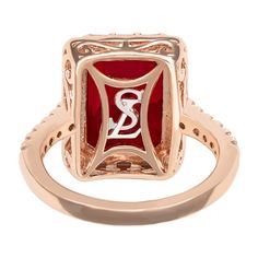 This sophisticated ring features a large emerald-cut red cubic zirconia center stone with a mixture of baguette white cubic zirconia's and white round cubic zirconia's in a halo. Going down the band of this ring there are white cubic zirconia's, hand-set in rose plated sterling silver. This ring is designed by Suzy Levian with a message. By creating jewelry that is beautiful inside and out, Suzy Levian 's message is revealed through a hidden stone set in the shank of this ring to empower women t Beautiful Inside And Out, Creating Jewelry, Empower Women, Halo Rings, Halo Ring, Stone Settings, Emerald Cut, Earring Necklace, Ring Earrings