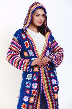 Design: Granny square long sleeve open front jumper sweater, granny square cap crochet flower cardigan sweater, granny square flower knit cap cardigan, long sleeve crochet knit cardigan, granny square sweater cardigan, vintage long sleeve open front cardigan, granny square knitwear loose fit cardigan, granny square open front cardigan outwear, beautiful and stylish. Occasion: knitted granny square cardigans jumper ideal for both indoor and outdoor events, perfect for home wear, party, vacation, Trendy Crochet Long Sleeve Outerwear, Casual Crochet Outerwear In Acrylic, Casual Crochet Acrylic Outerwear, Blue Hooded Cardigan For Spring, Knitted Long Sleeve Outerwear For Spring, Knitted Long Sleeve Spring Outerwear, Spring Long Sleeve Knitted Outerwear, Spring Long Sleeve Knit Outerwear, Knitted Hooded Sweater Coat For Spring