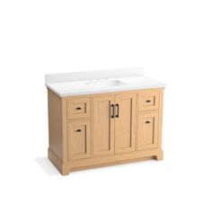 a bathroom vanity with two drawers and a white counter top on the left side of the sink