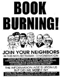 a sign that says, book burning join your neighbors