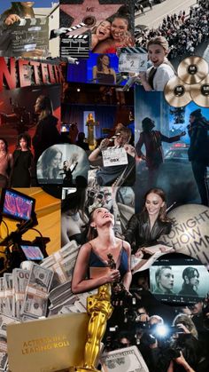 a collage of photos with people and objects in them, including an oscar statue