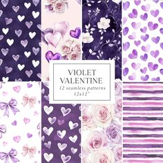 a collection of purple and white hearts, flowers and stripes with the words violet valentine