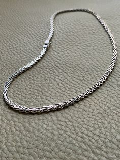 Vintage Italian 18k White Gold V-Link Necklace - 17 inch length Unique link styles are my jam and this one is no exception - AND it's made of white gold for extra uniqueness! Stunning vintage necklace measures 17 inches long (43 cm), 3.2mm wide, and 17 grams weight. She is made from solid 18k white gold. The link type is made of offset dimensional v-shaped links. I have seen v-links from goldsmiths form other regions but this one is uniquely detailed and dimensional. Necklace has a well working Luxury Link Chain Necklace With Wheat Chain, Luxury Link Chain Necklace With Wheat Chain Detail, Sterling Silver Box Chain Necklace, Silver Luxury Chain Necklace, Formal Silver Necklace With Cable Chain, Sterling Silver Link Necklaces For Anniversary, Anniversary Sterling Silver Link Necklaces, Luxury Wheat Chain Link Necklace, Silver Box Chain Fine Jewelry Necklace