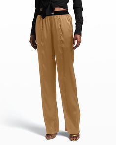 TOM FORD silk pants with logo waistband Approx. 34.5" inseam High rise Pinch seam front Side slip pockets; back patch pockets Straight legs Full length Pull-on style Silk/spandex Nylon/spandex, trim Dry clean only Made in Italy | Tom Ford Logo-Banded Silk PJ Pants Luxury Silk Pants With Tapered Leg, Luxury Stretch Viscose Pants, Luxury Fitted Silk Pants, Luxury Silk Pants With Pockets, Luxury Green Silk Pants, Ford Logo, Pj Pants, Silk Pants, Back Patch