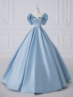 Enchanted Sky Blue Satin Ball Gown Leavers Dresses, Herero Dress, Fancy Dresses Wedding, Dress Satin Long, Pajamas Design, Gold Prom Dresses Long, Prom Dress Satin, Blue Long Prom Dress, Satin Long Prom Dress