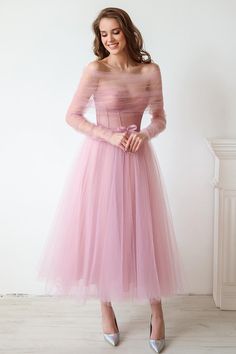 Mademoiselle Tea Length Tulle Midi Dress – JewelClues Dreamy Tulle Dress, Tulle Midi Dress Formal, Long Flowy Sleeve Dress, Pink Cocktail Dress With Sleeves, Tea Length Pink Dress, Blush Pink Tulle Dress, Long Sleeve Tea Length Dress, 50s Tulle Dress, Cocktail Midi Dress With Sleeves