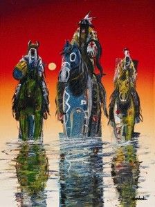 three native americans riding horses in the water at sunset or dawn with red sky and sun behind them