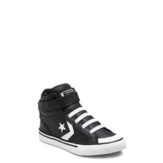 These boys' Converse Pro Blaze Strap black/white/white high-top sneakers are sure to turn out to be his favourite. Crafted with leather upper, these slip-on sneakers have a round toe front, elastic laced front panel, and an adjustable hook-and-loop instep strap for a snug and precise fit. Features include textile lining, SmartFOAM sockliner for comfort, lightweight foam midsole, and a rubber traction outsole with diamond patterned tread. | Converse Boys' Pro Blaze High-Top Sneaker in Black/White Mid-top High-top Sneakers With Elastic Laces, High-top Sneakers With Elastic Laces And White Sole, High-top Sneakers With Elastic Laces For Streetwear, Streetwear High-top Sneakers With Elastic Laces, High-top Synthetic Sneakers With Elastic Laces, Low-top Leather Basketball Shoes With Elastic Laces, Synthetic High-top Sneakers With Elastic Laces, Sporty High-top Sneakers With Elastic Laces, High-top Leather Sneakers With Elastic Laces