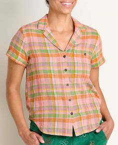 This button up shirt makes warm weather easy. Lightweight and ventilating, with prints aplenty, pair with pants and a peep toe for work, or throw on a floppy hat and sunnies for weekend-wear. Summer Camp Shirt With Camp Collar For Spring, Spring Camp Shirt With Camp Collar, Camp Collar Shirt For Daywear In Spring, Spring Camp Collar Shirt For Daywear, Spring Camp Shirt With Camp Collar For Daywear, Trendy Collared Camp Shirt For Spring, Casual Fitted Shirt For Beach, Retro Beach Shirt For Spring, Trendy Collared Camp Shirt For Summer